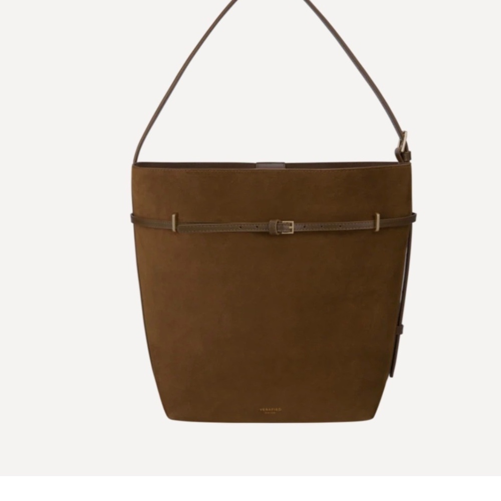 Verafied New York Toffee Suede Belted Tote Bag